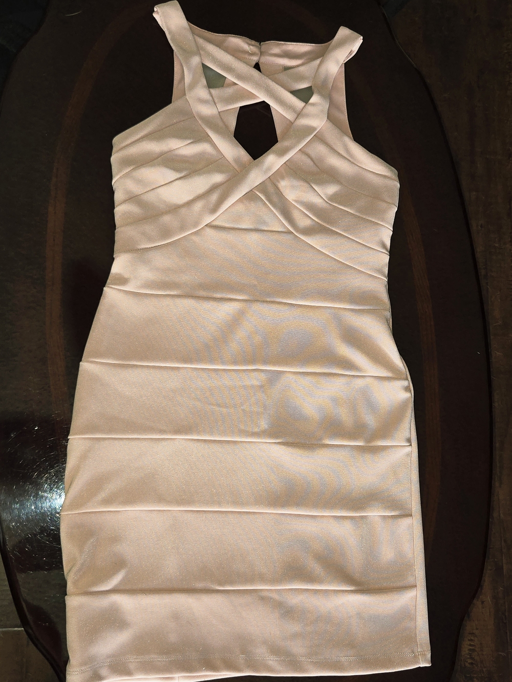 Women’s Cream Bandage Cross-Front Bodycon Dress. Color Peach, Size L